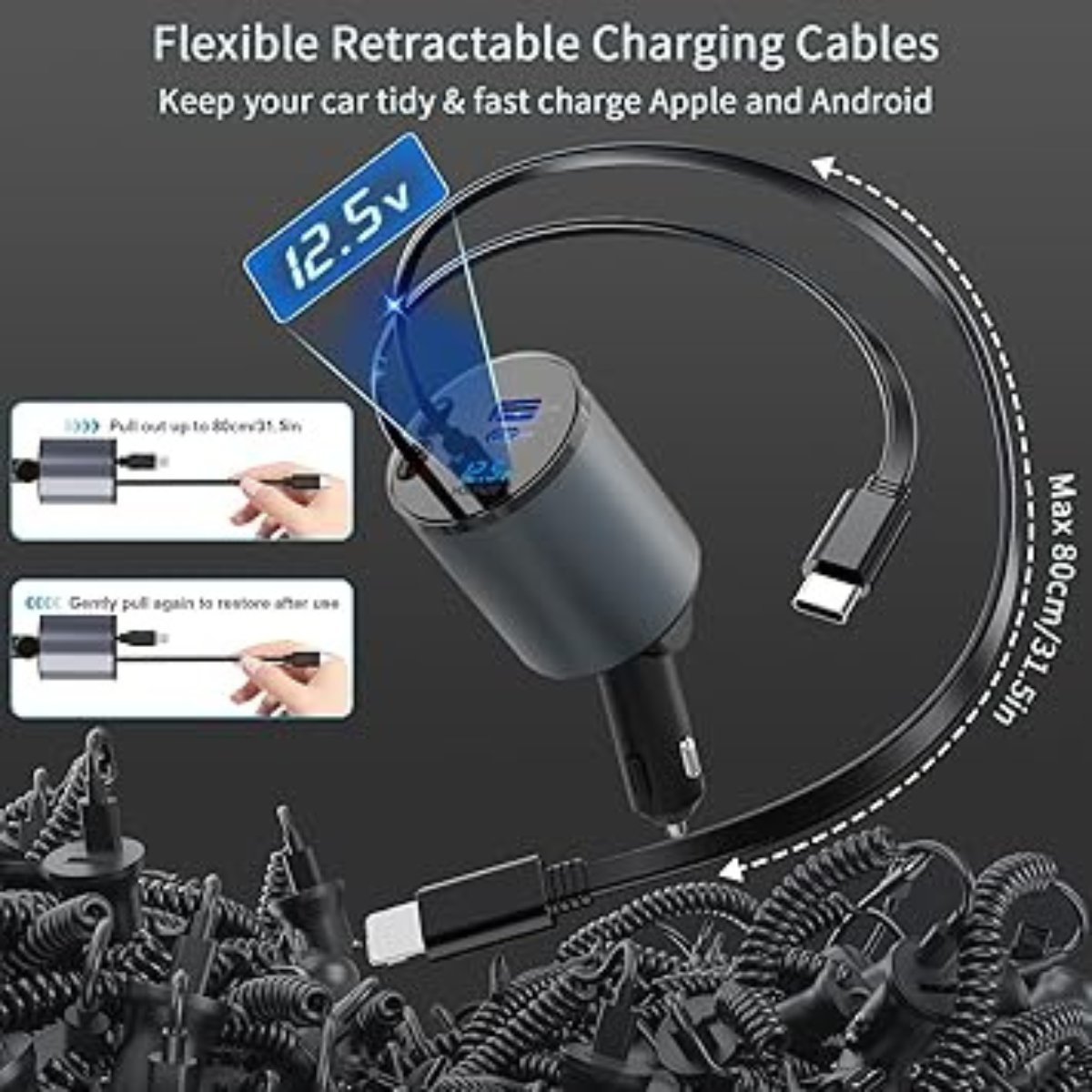 4-IN-1 RETRACTABLE FAST CAR CHARGER – IPHONE & TYPE-C