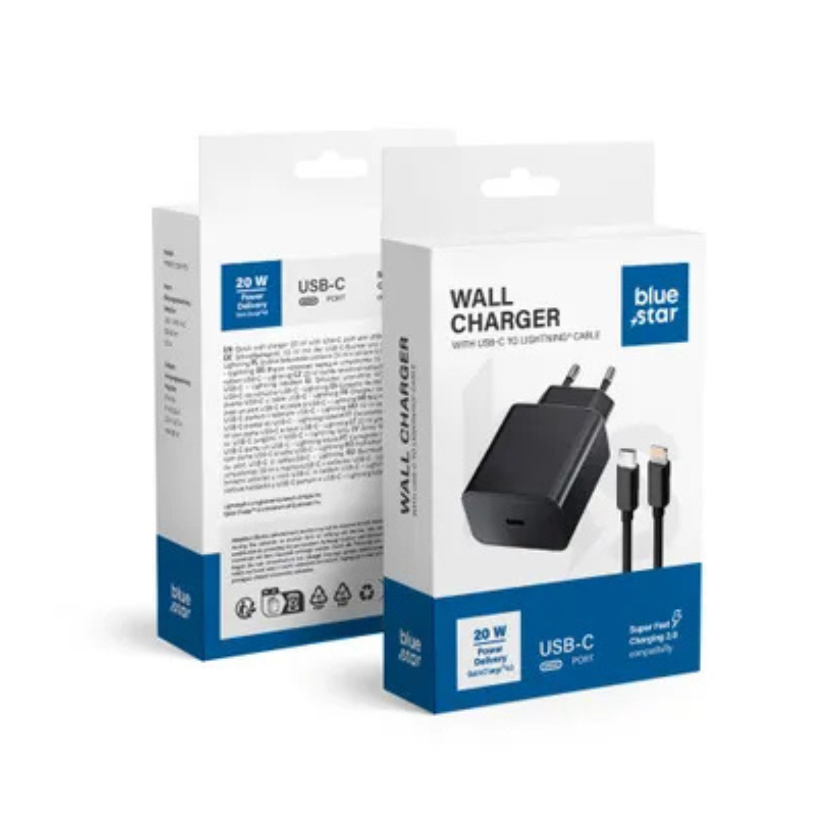 BLUE STAR (20W) Wall Charger 3A with Type-C to Lightning Cable, PD & QC4.0