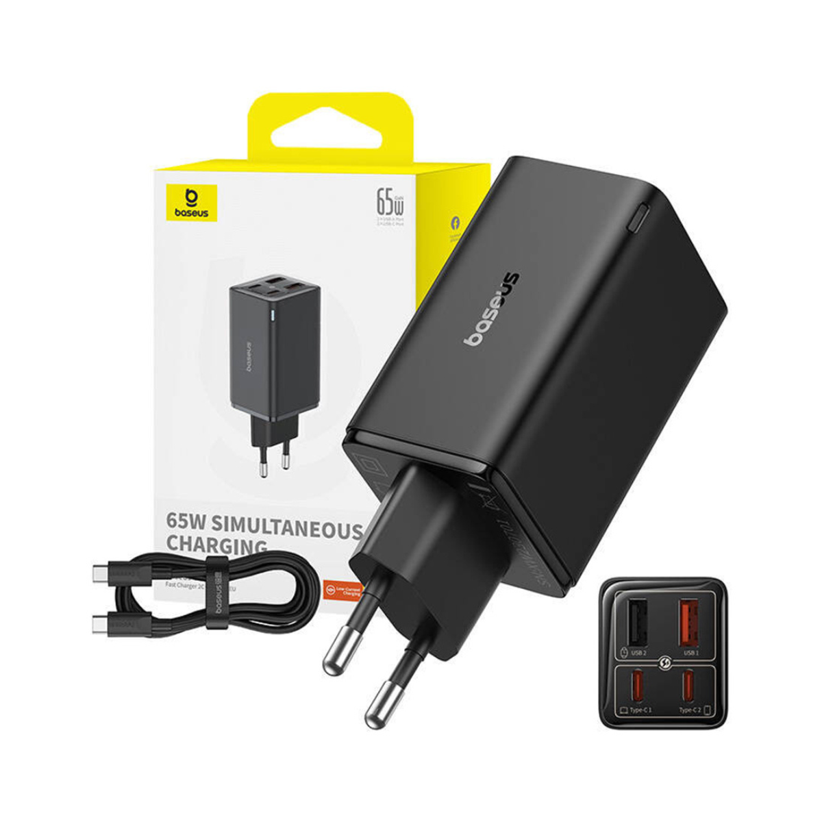 Baseus (65W) Wall Charger GaN with 4 Ports (2× USB + 2× Type-C)