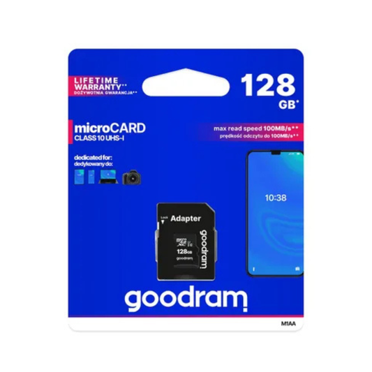 GOODRAM microSD memory card 128GB 100MB/s class 10 UHS I with SD adapter