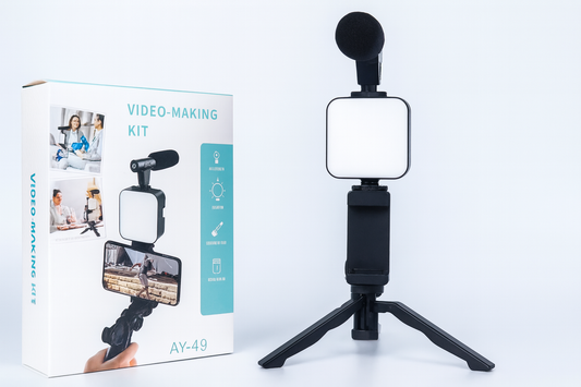 AY-49 Camera Video Recording Kit with Microphone, Mini Tripod, LED Light and Phone Holder Clip