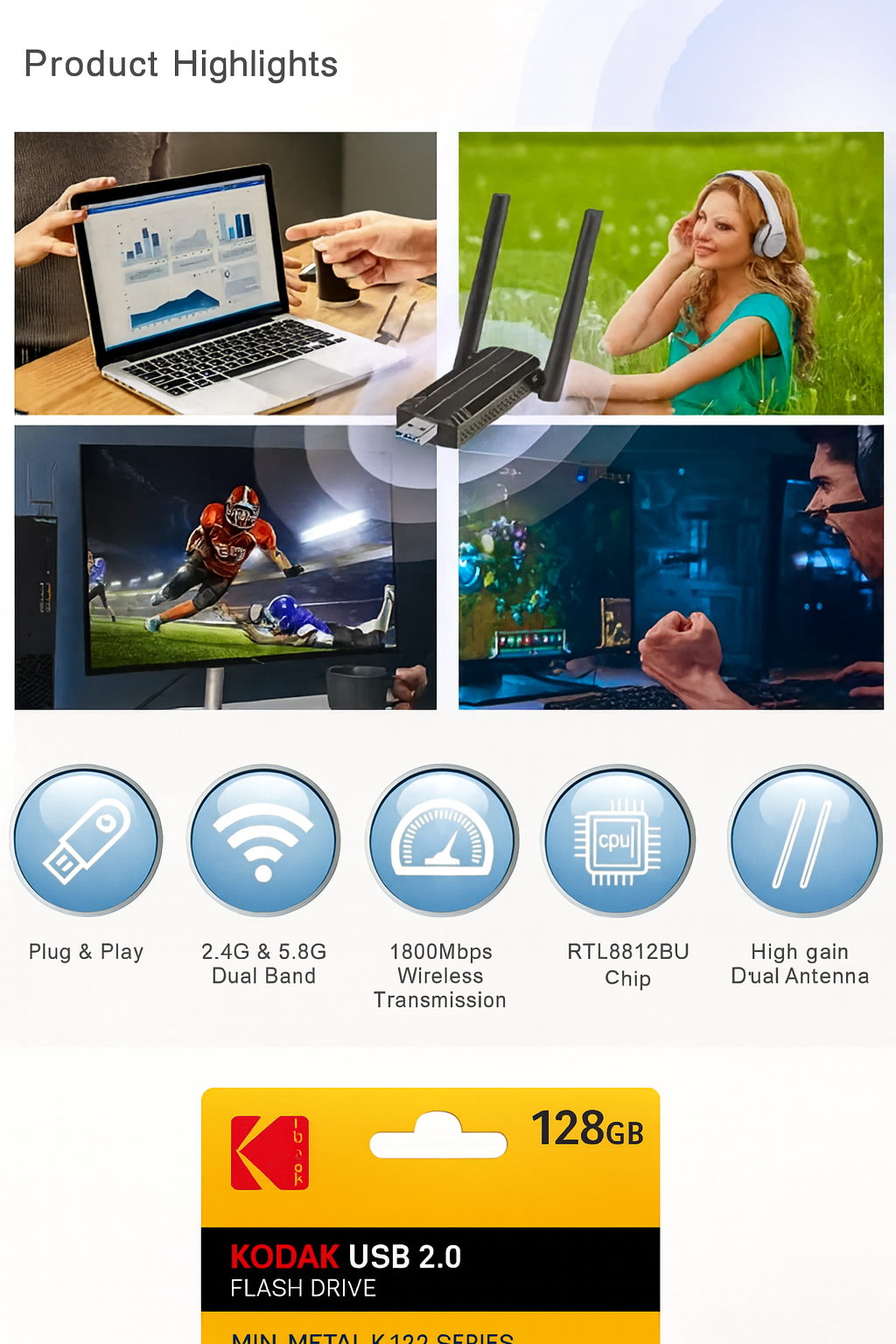 1800Mbps USB WiFi 6 Adapter – AX1800 Dual Band Wireless Network Adapter