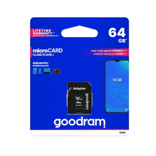 GOODRAM microSD memory card 64GB 100MB/s class 10 UHS I with SD adapter