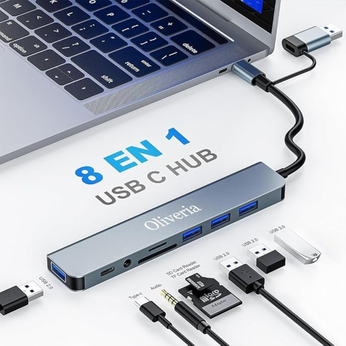 8-in-2 Multiport USB Adapter with SD & TF Card Reader