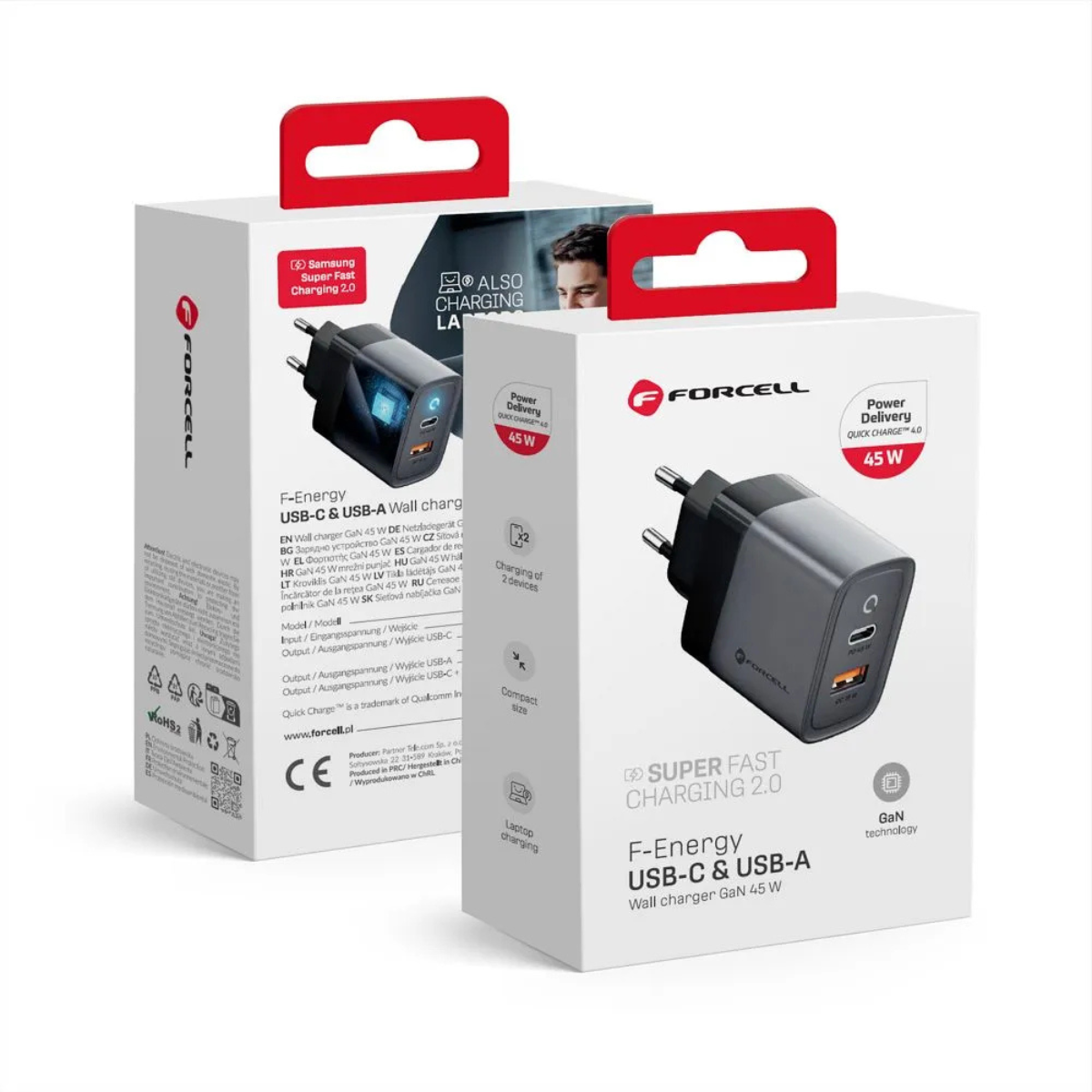 Forcell F-Energy (45W) GaN USB-C + USB-A Wall Charger QC4.0 PD 4A VT-39