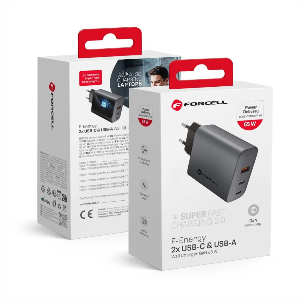 FORCELL F-Energy (65W) GaN 2 × USB-C + USB-A Wall Charger QC4.0 PD 4A VT-42B