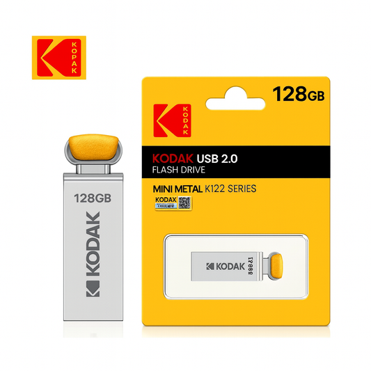 Kodak USB 2.0 Flash Drive with 128GB capacity featuring an elegant leather cover with button closure.